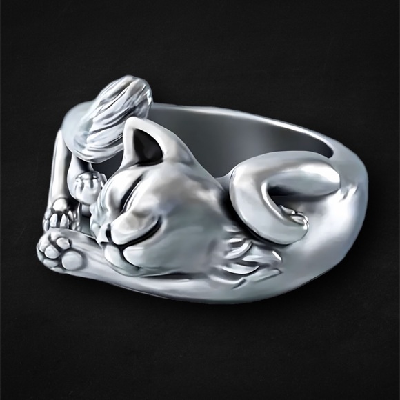 ❀ 925 Adjustable Silver Sleepy Kitty Cat Cuff Ring - Picture 3 of 4